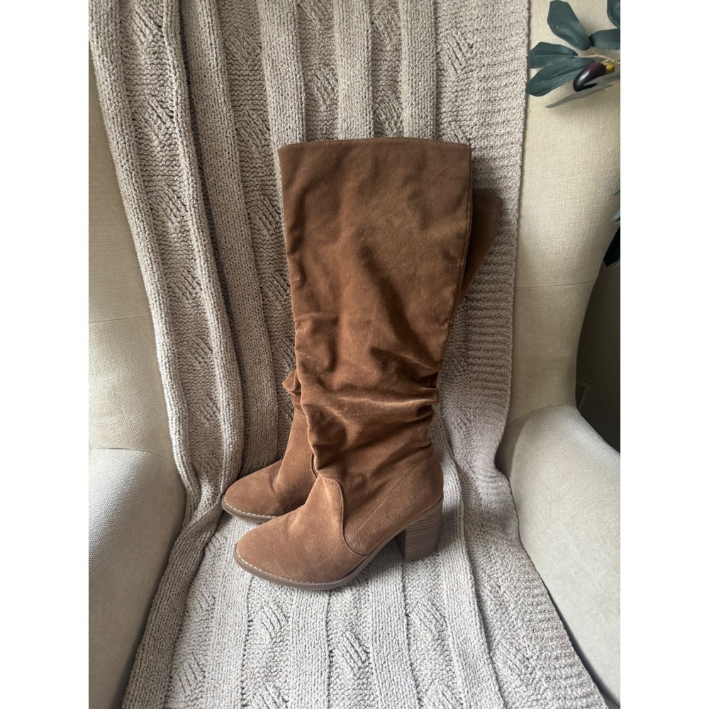 Target Cognac Faux Suede Slouchy Knee High Block Heel Boots 8.5WC Wide Calf
